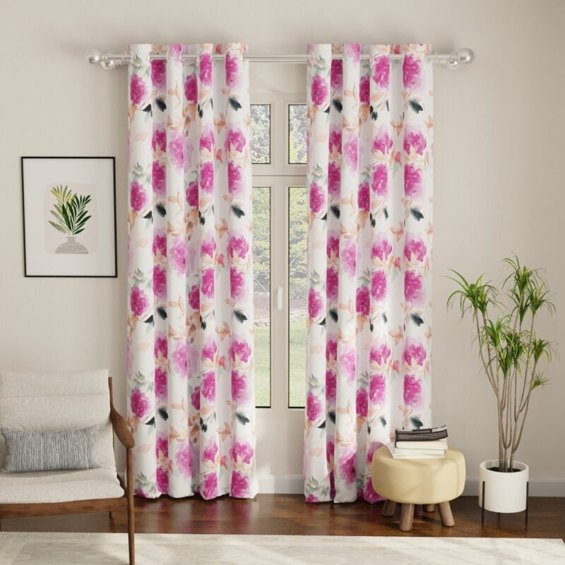 Digital Printed Curtain. Room darkening/Blackout Curtain. Curtain for french window. curtain for door. Pack of 2 Curtains. Floral Sketch Pink - Image 2