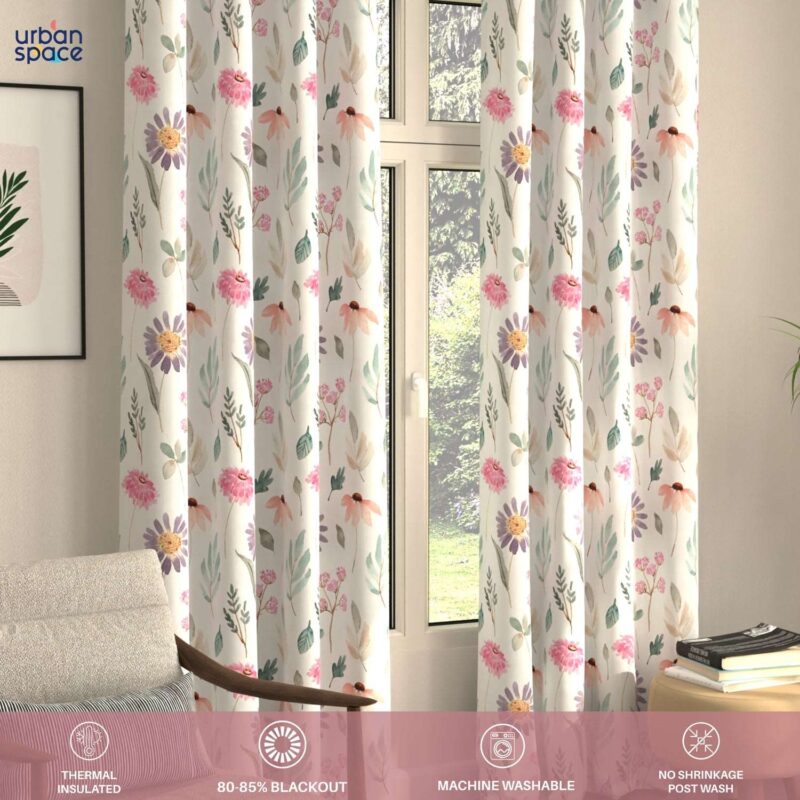 Blackout Curtains. Digital Printed Curtains. Pack of 2 Curtains - Frost Flora Pink - Image 4