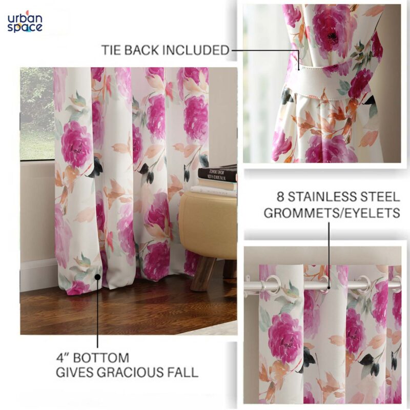 Digital Printed Curtain. Room darkening/Blackout Curtain. Curtain for french window. curtain for door. Pack of 2 Curtains. Floral Sketch Pink - Image 6