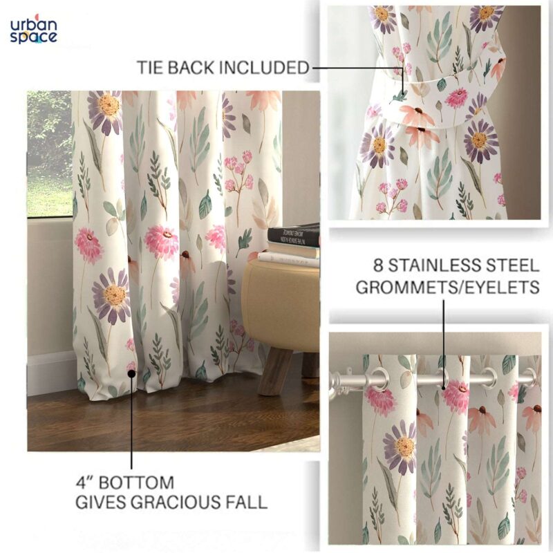 Blackout Curtains. Digital Printed Curtains. Pack of 2 Curtains - Frost Flora Pink - Image 5
