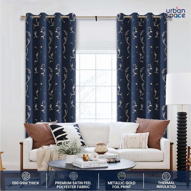 Gold Foil Printed 80-85% Blackout Curtains - Pack of 1 Curtain - Vine- Navy Blue - Image 2