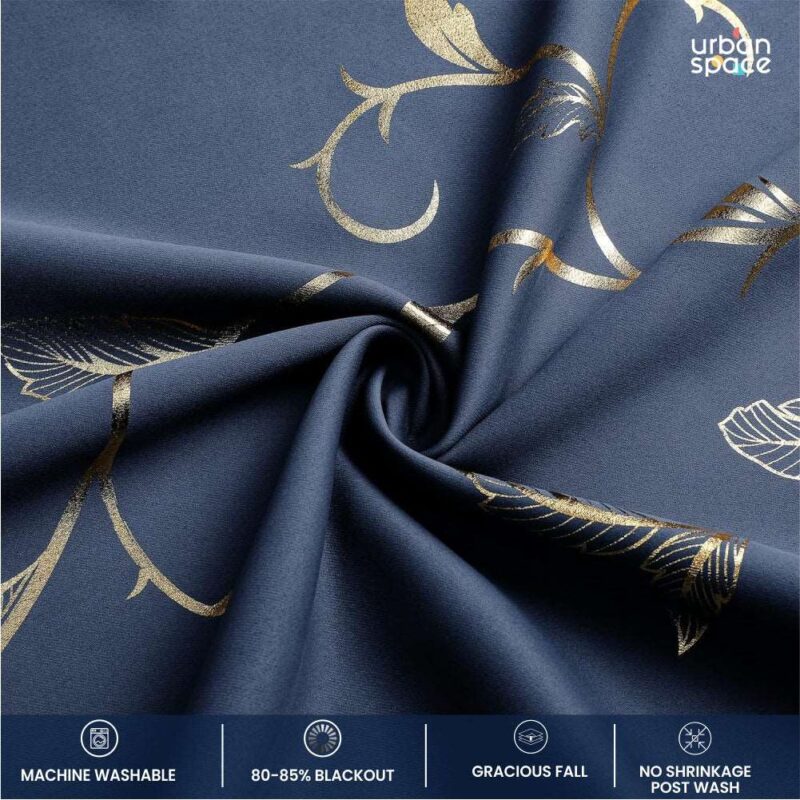 Gold Foil Printed 80-85% Blackout Curtains - Pack of 1 Curtain - Vine- Navy Blue - Image 3