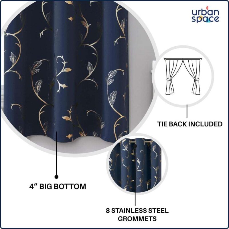 Gold Foil Printed 80-85% Blackout Curtains - Pack of 1 Curtain - Vine- Navy Blue - Image 4