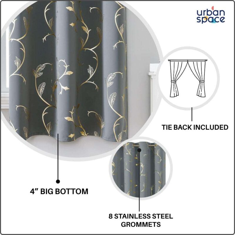 Gold Foil Printed 80-85% Blackout Curtains - Pack of 1 Curtain - Vine- Grey - Image 4