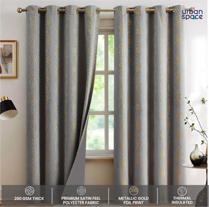 Gold Foil Printed 80-85% Blackout Curtains - Pack of 1 - Diamond- Grey - Image 5