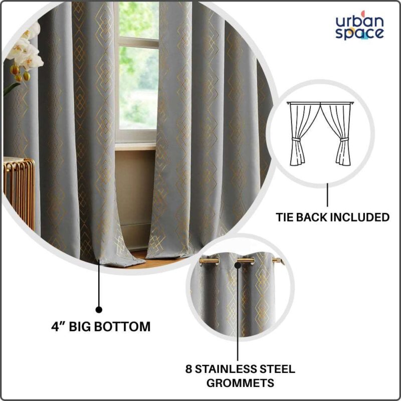 Gold Foil Printed 80-85% Blackout Curtains - Pack of 1 - Diamond- Grey - Image 6