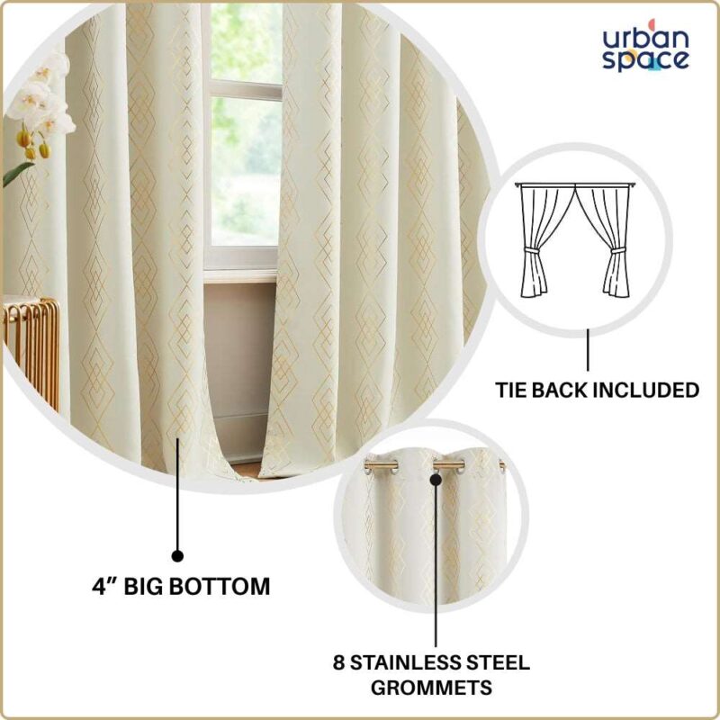 Gold Foil Printed 80-85% Blackout Curtains - Pack of 1 - Diamond - Beige - Image 5