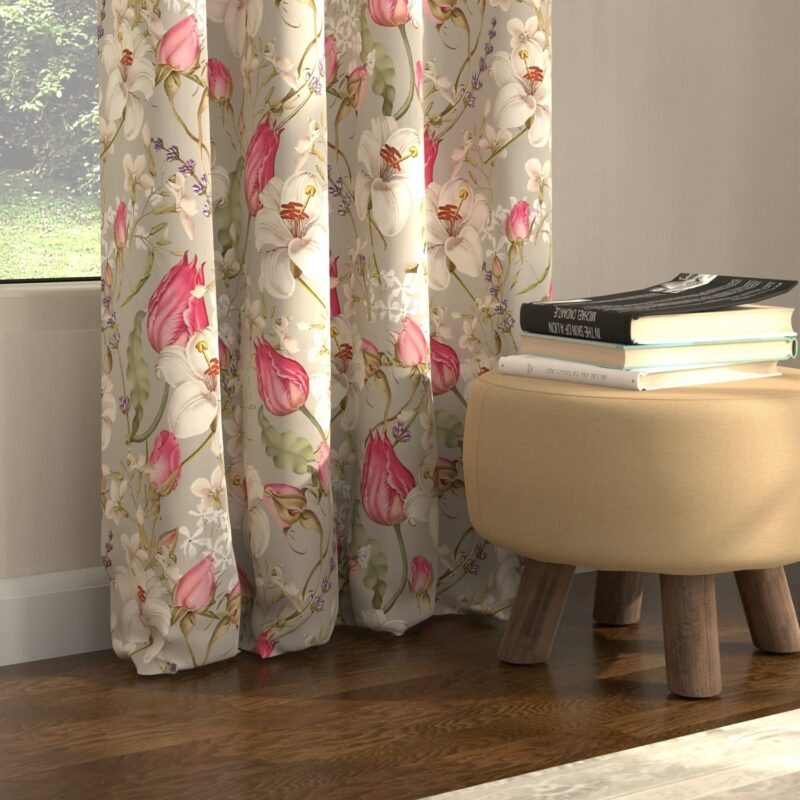 Blackout Curtains. Digital Printed Curtains. Pack of 2 Curtains - Flora Nova Grey