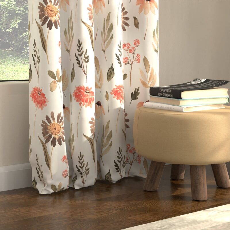 Blackout Curtains. Digital Printed Curtains. Pack of 2 Curtains - Frost Flora Peach