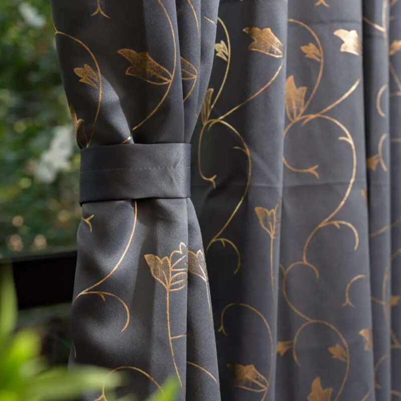 Gold Foil Printed 80-85% Blackout Curtains - Pack of 1 Curtain - Vine- Grey - Image 2