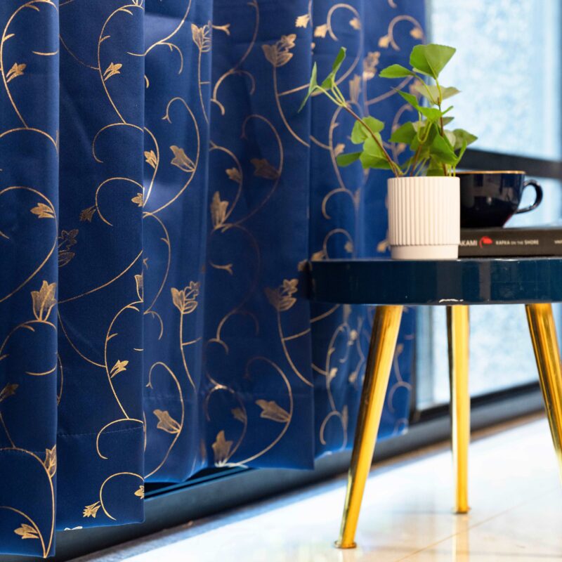Gold Foil Printed 80-85% Blackout Curtains - Pack of 1 Curtain - Vine- Navy Blue