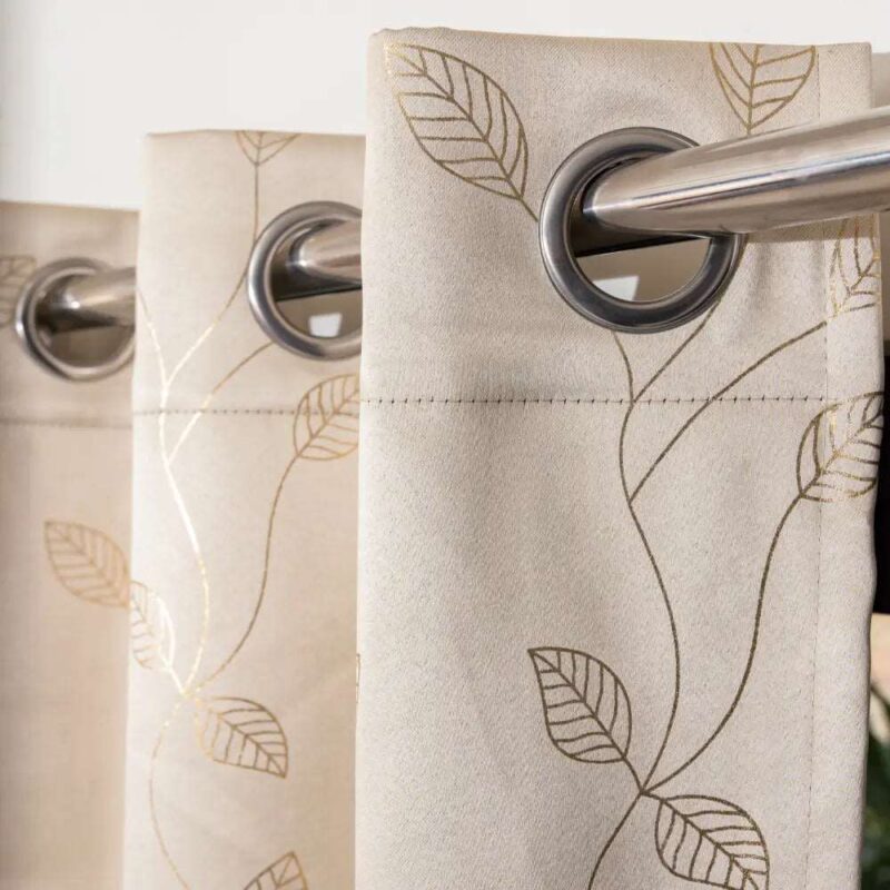 Gold Foil Printed 80-85% Blackout Curtains - Pack of 1 - Leaf- Beige - Image 3