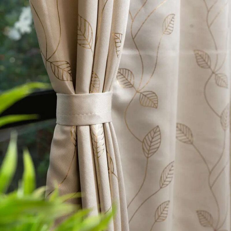 Gold Foil Printed 80-85% Blackout Curtains - Pack of 1 - Leaf- Beige - Image 2