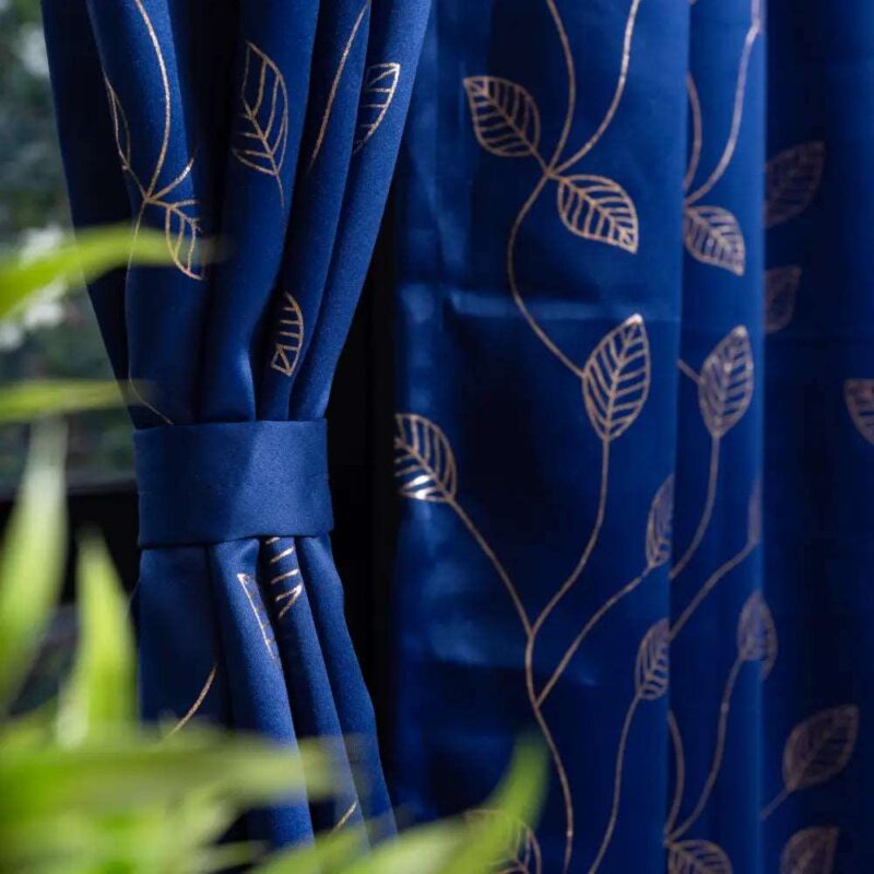Gold Foil Printed 80-85% Blackout Curtains - Pack of 1 - Leaf- Navy Blue - Image 2