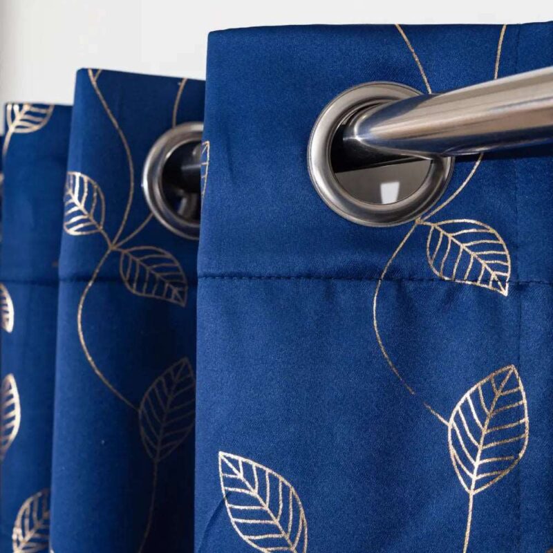 Gold Foil Printed 80-85% Blackout Curtains - Pack of 1 - Leaf- Navy Blue - Image 3