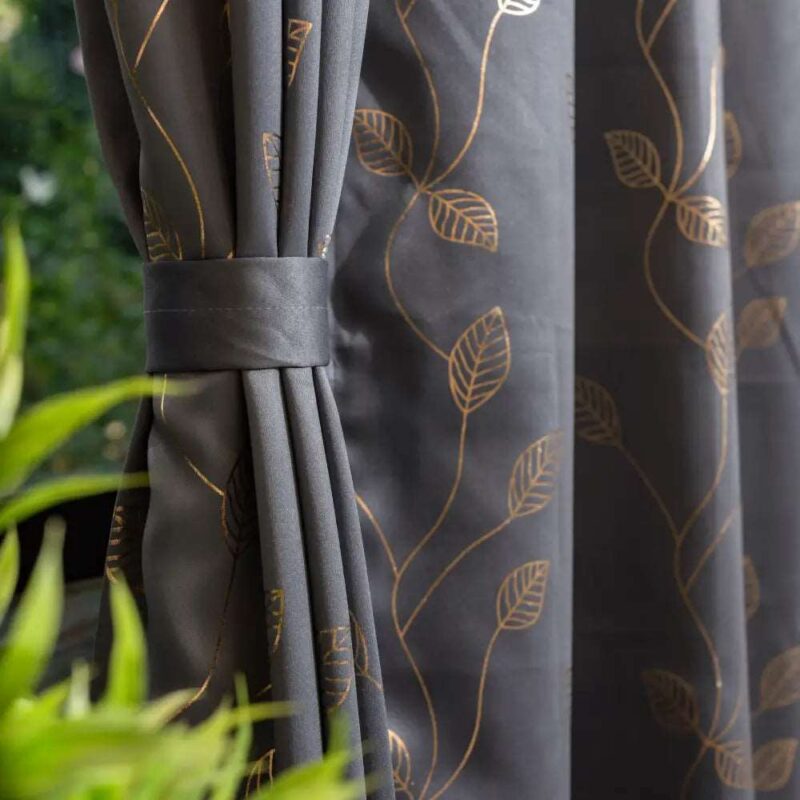 Gold Foil Printed 80-85% Blackout Curtains - Pack of 1 - Leaf- Grey - Image 2