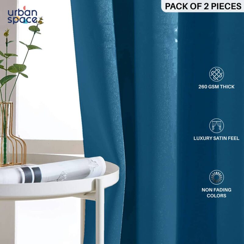 Faux Silk Blackout Curtains. For Door and Window. Pack Of 2 Curtains - Navy Blue - Image 2
