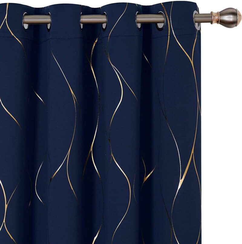 Gold Foil Printed 80-85% Blackout Curtains - Pack of 1 Curtain - Wave - Navy Blue - Image 2