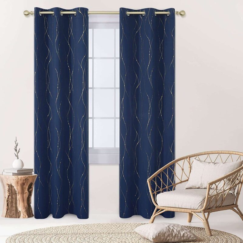 Gold Foil Printed 80-85% Blackout Curtains - Pack of 1 Curtain - Wave - Navy Blue - Image 4