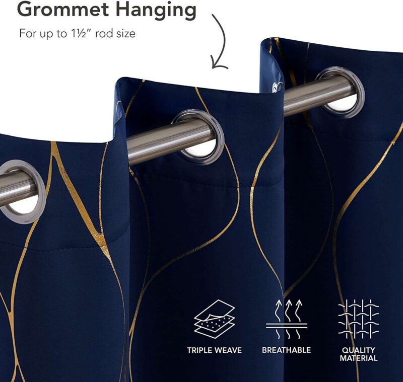 Gold Foil Printed 80-85% Blackout Curtains - Pack of 1 Curtain - Wave - Navy Blue - Image 5
