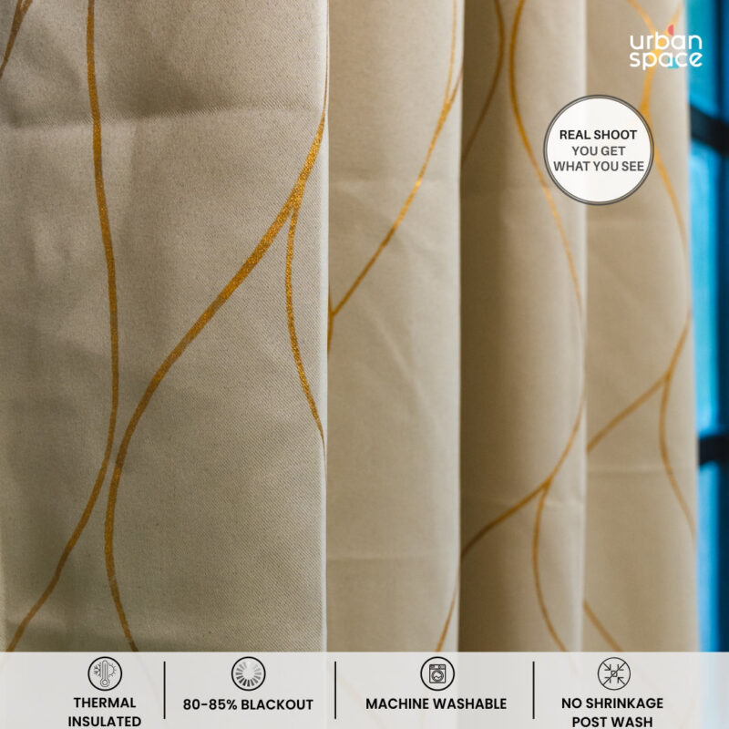 Gold Foil Printed 80-85% Blackout Curtains - Pack of 1 Curtain - Wave - Beige - Image 3
