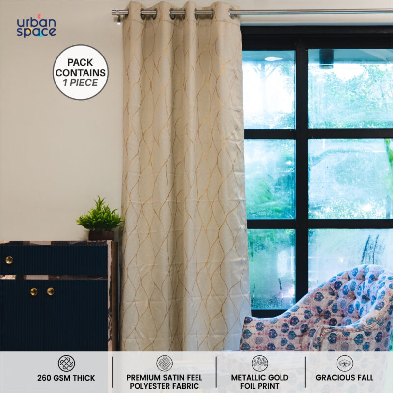 Gold Foil Printed 80-85% Blackout Curtains - Pack of 1 Curtain - Wave - Beige - Image 2
