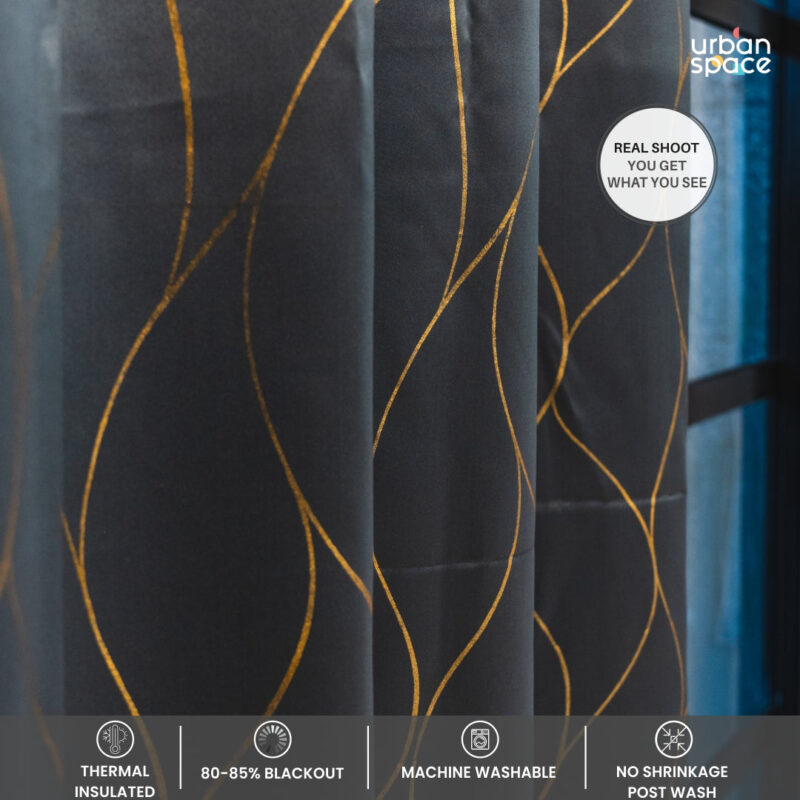 Gold Foil Printed 80-85% Blackout Curtains - Pack of 1 Curtain - Wave - Grey - Image 3