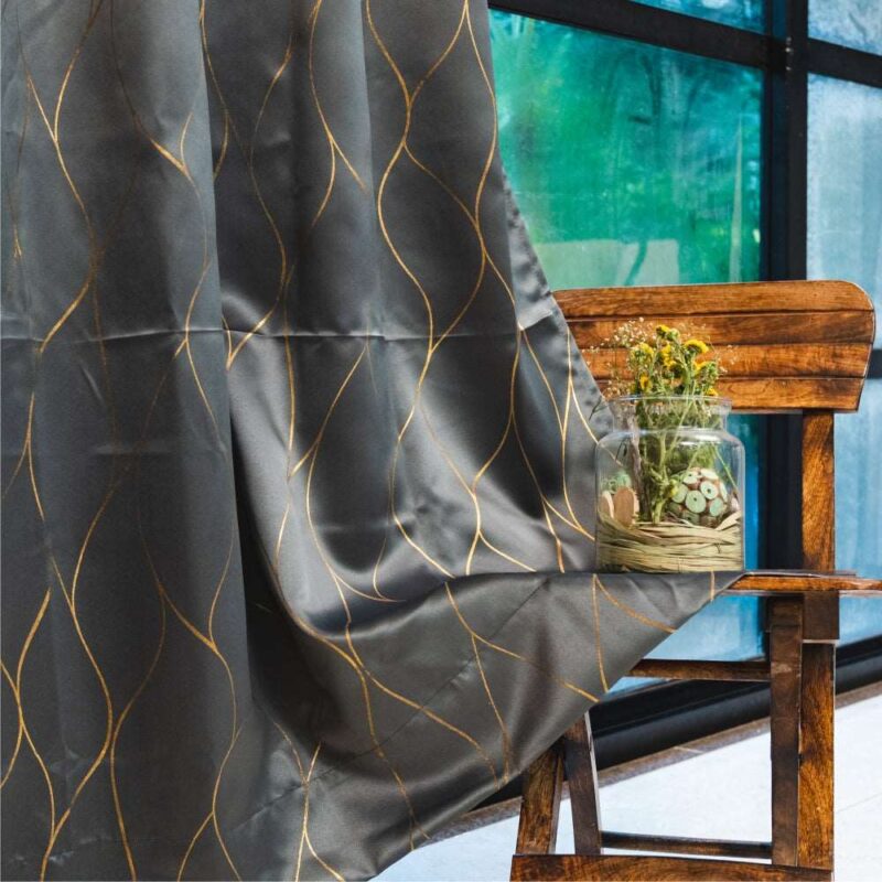 Gold Foil Printed 80-85% Blackout Curtains - Pack of 1 Curtain - Wave - Grey