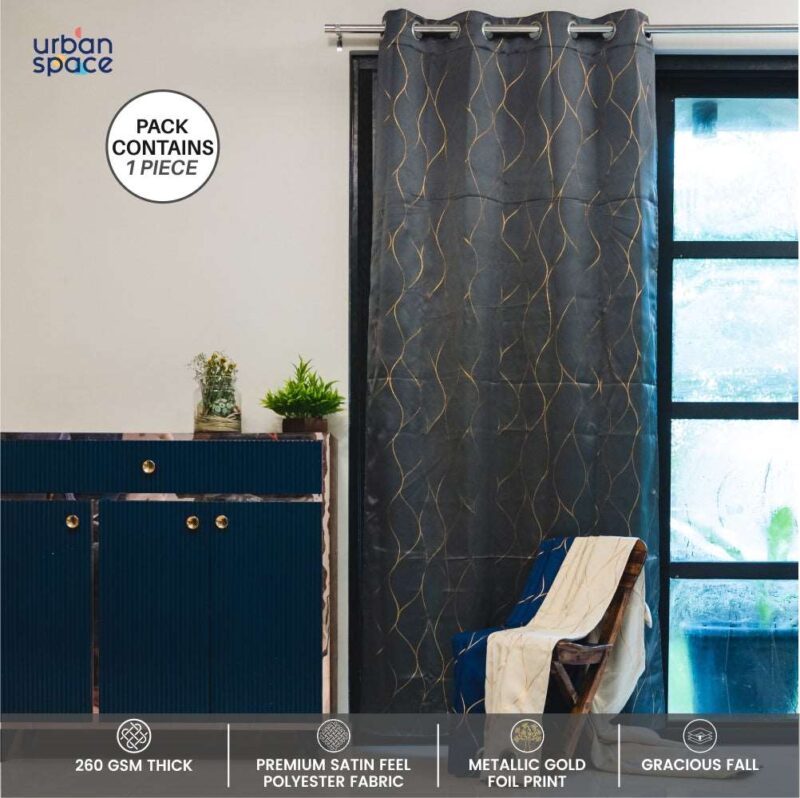 Gold Foil Printed 80-85% Blackout Curtains - Pack of 1 Curtain - Wave - Grey - Image 2