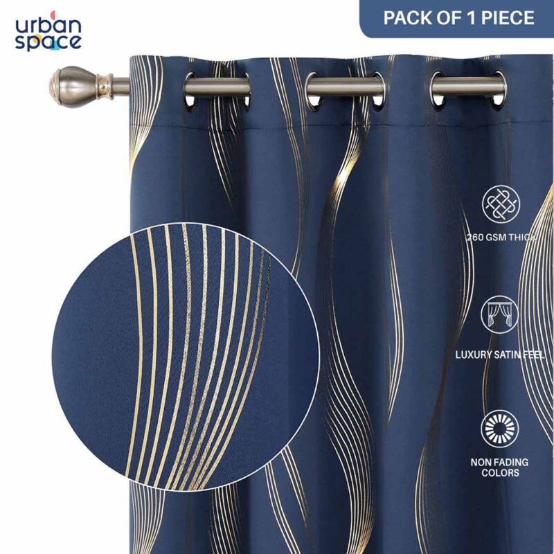 Gold Foil Printed 80-85% Blackout Curtains - Pack of 1 Curtain - Double Wave - Navy Blue - Image 3