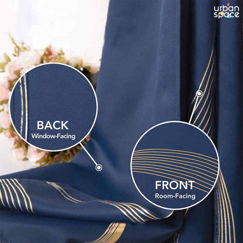 Gold Foil Printed 80-85% Blackout Curtains - Pack of 1 Curtain - Double Wave - Navy Blue - Image 4