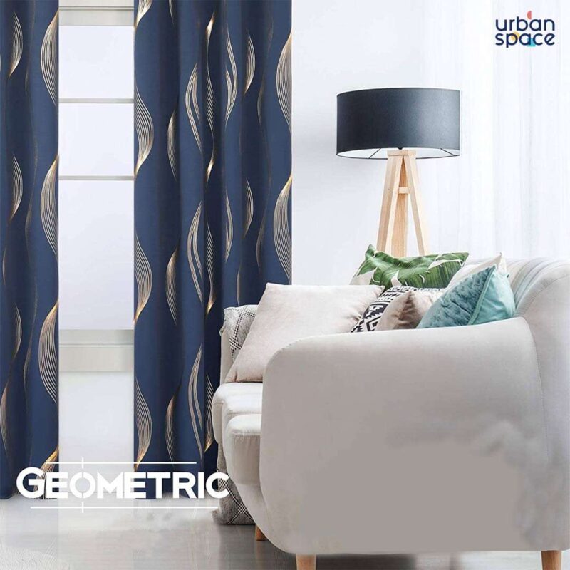 Gold Foil Printed 80-85% Blackout Curtains - Pack of 1 Curtain - Double Wave - Navy Blue - Image 2