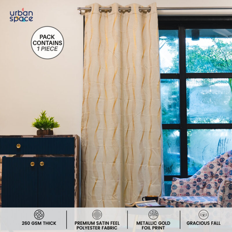 Gold Foil Printed 80-85% Blackout Curtains - Pack of 1 - Double Wave - Beige - Image 2
