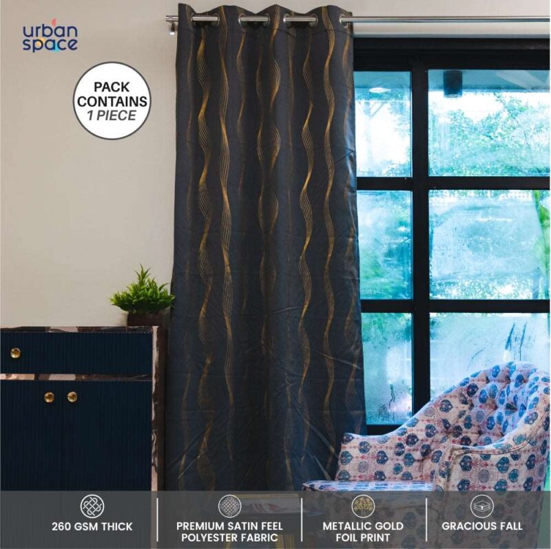 Gold Foil Printed 80-85% Blackout Curtains - Pack of 1 - Double Wave - Grey - Image 3