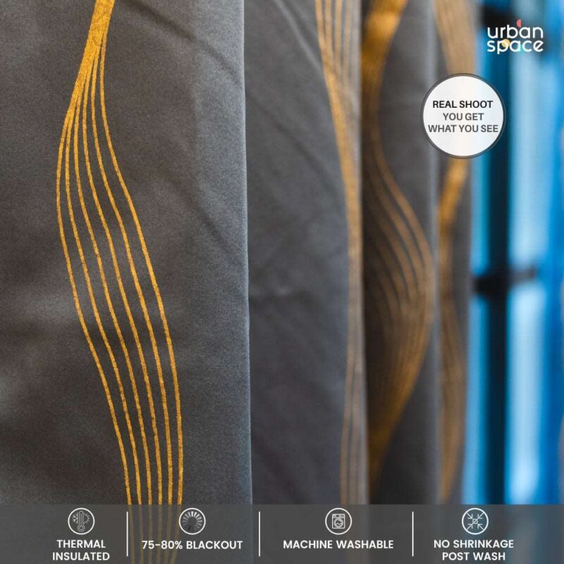 Gold Foil Printed 80-85% Blackout Curtains - Pack of 1 - Double Wave - Grey - Image 2