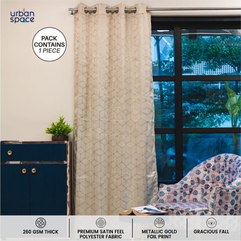 Gold Foil Printed 80-85% Blackout Curtains - Pack of 1 Curtain - Hexagon - Beige - Image 2