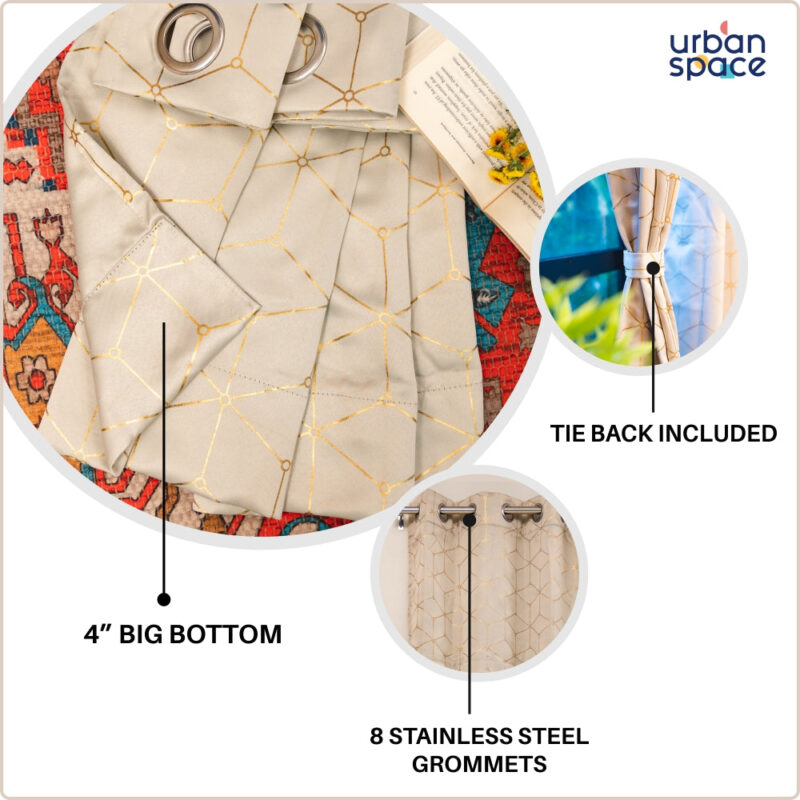Gold Foil Printed 80-85% Blackout Curtains - Pack of 1 Curtain - Hexagon - Beige - Image 4