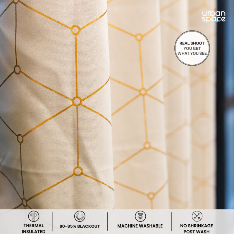 Gold Foil Printed 80-85% Blackout Curtains - Pack of 1 Curtain - Hexagon - Beige - Image 3