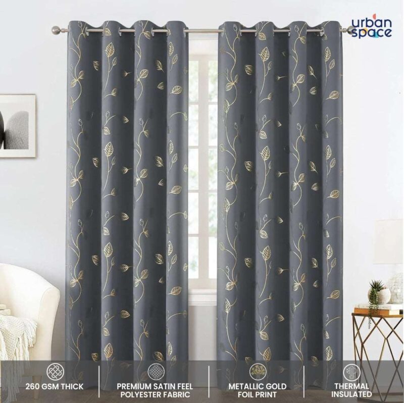 Gold Foil Printed 80-85% Blackout Curtains - Pack of 1 - Leaf- Grey - Image 4