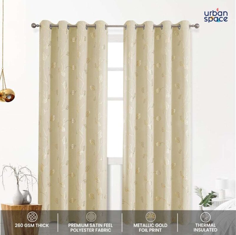 Gold Foil Printed 80-85% Blackout Curtains - Pack of 1 - Leaf- Beige - Image 4