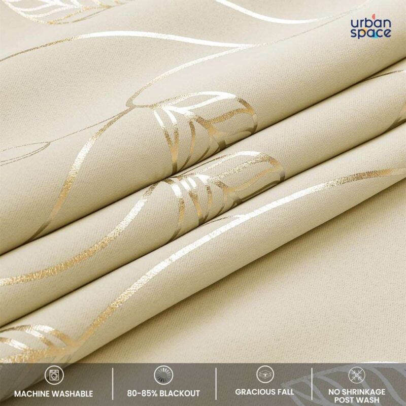 Gold Foil Printed 80-85% Blackout Curtains - Pack of 1 - Leaf- Beige - Image 5