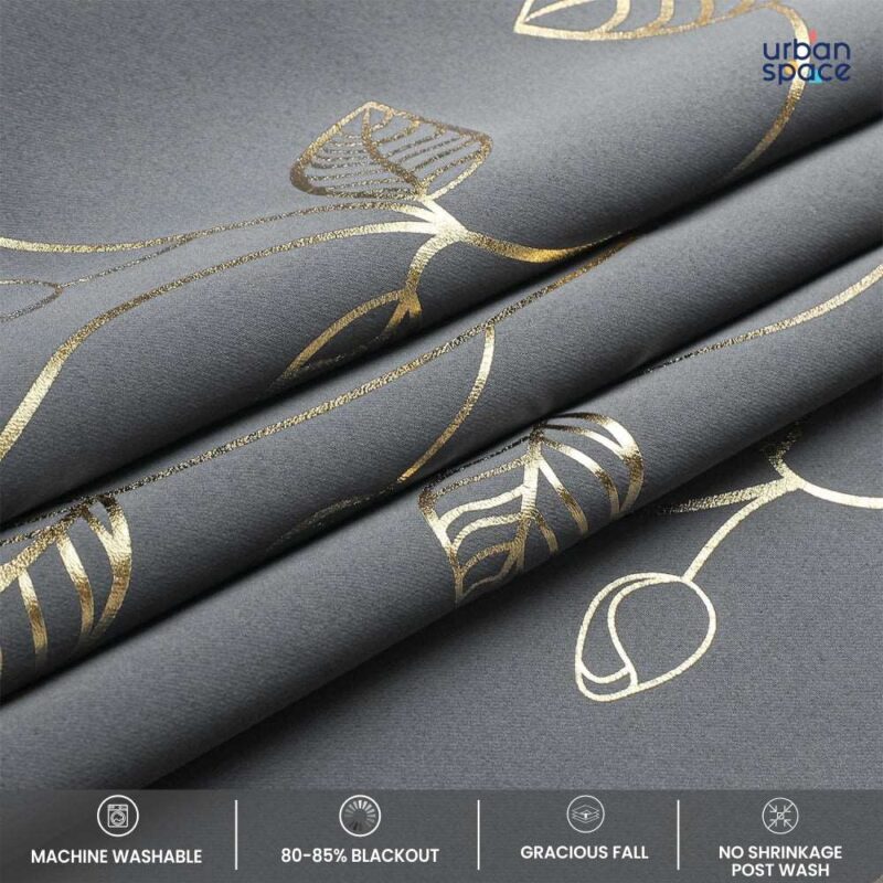 Gold Foil Printed 80-85% Blackout Curtains - Pack of 1 - Leaf- Grey - Image 5