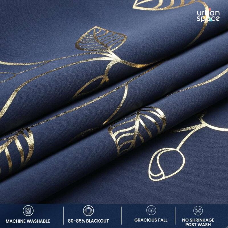 Gold Foil Printed 80-85% Blackout Curtains - Pack of 1 - Leaf- Navy Blue - Image 4