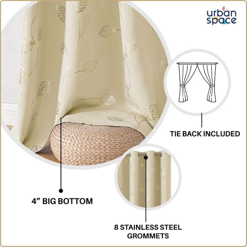 Gold Foil Printed 80-85% Blackout Curtains - Pack of 1 - Leaf- Beige - Image 6
