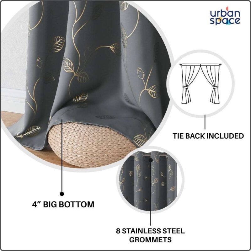 Gold Foil Printed 80-85% Blackout Curtains - Pack of 1 - Leaf- Grey - Image 6