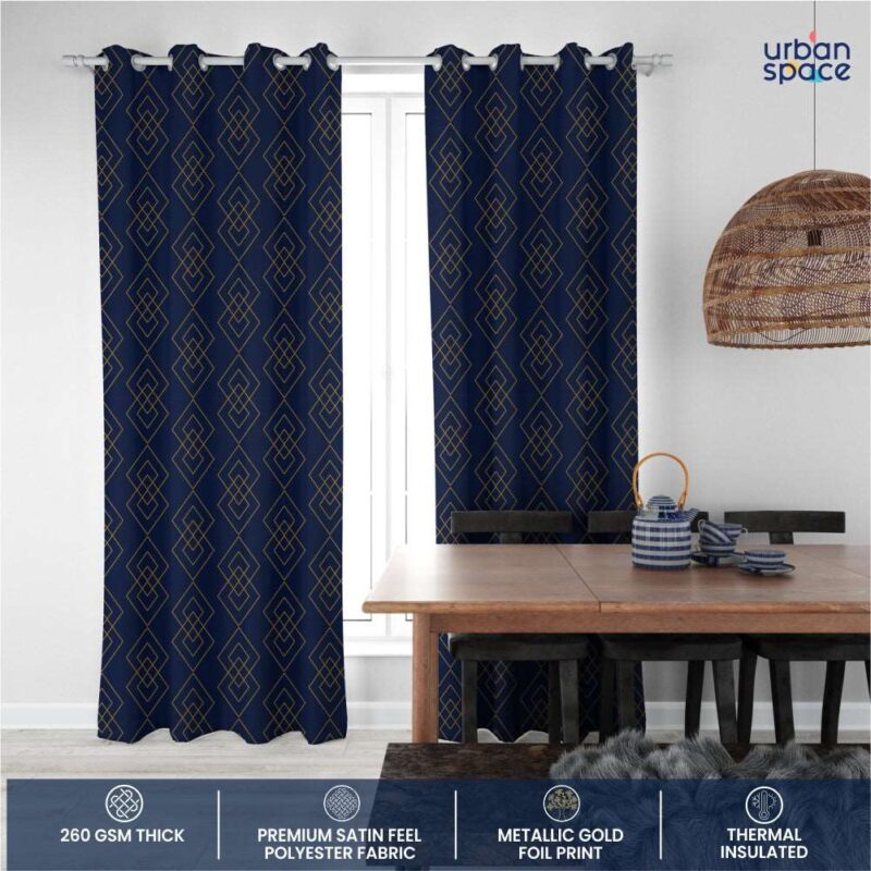 Gold Foil Printed 80-85% Blackout Curtains - Pack of 1 - Diamond - Navy Blue - Image 4