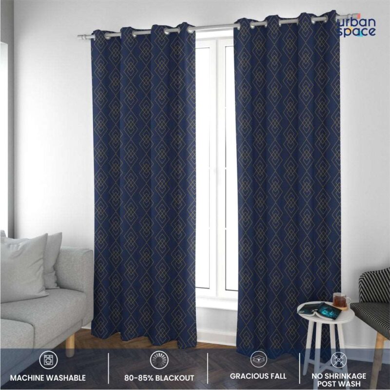 Gold Foil Printed 80-85% Blackout Curtains - Pack of 1 - Diamond - Navy Blue - Image 5