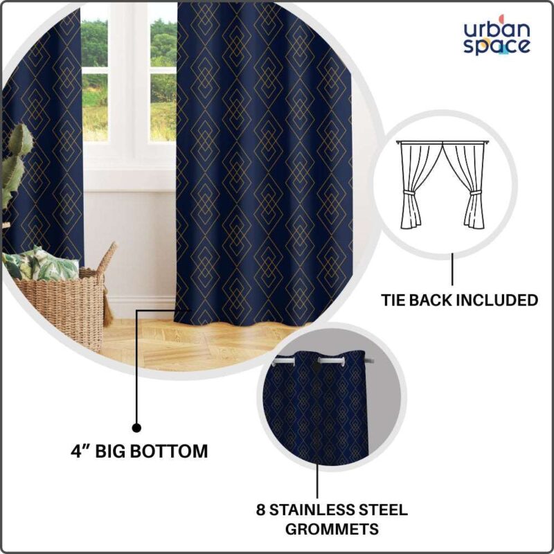 Gold Foil Printed 80-85% Blackout Curtains - Pack of 1 - Diamond - Navy Blue - Image 6